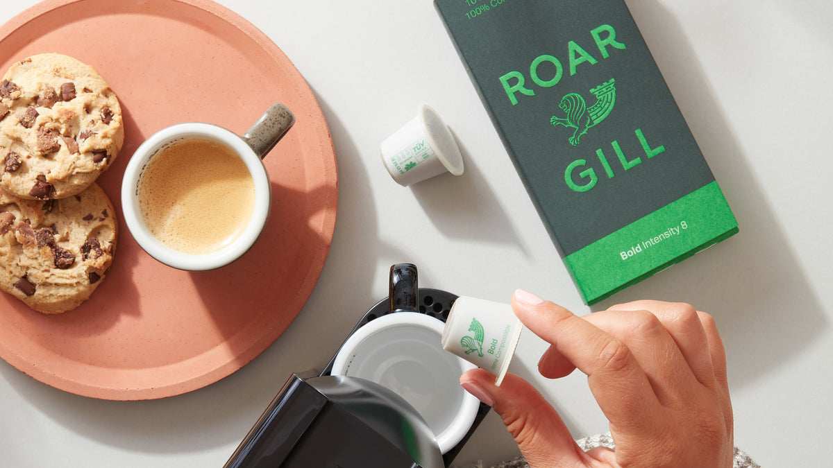 Bold Blend Compostable Coffee Pods. Next to Nespresso Original Machine.