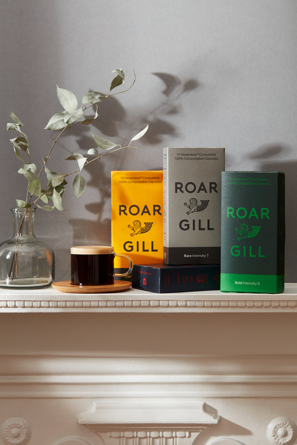 Roar Gill Coffee Pod Subscriptions. Bold, Cortado & Rare Coffee on Mantelpiece.