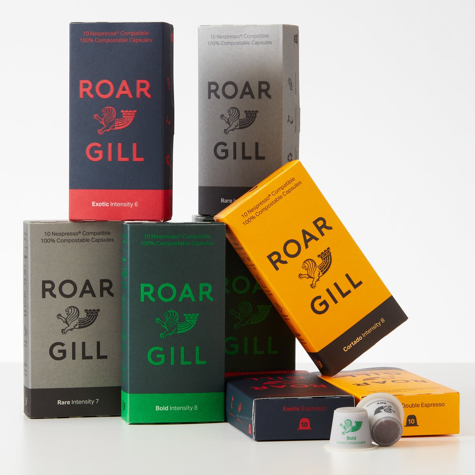 Roar Gill Exotic, Rare, Bold & Cortado Coffee Pod boxes.