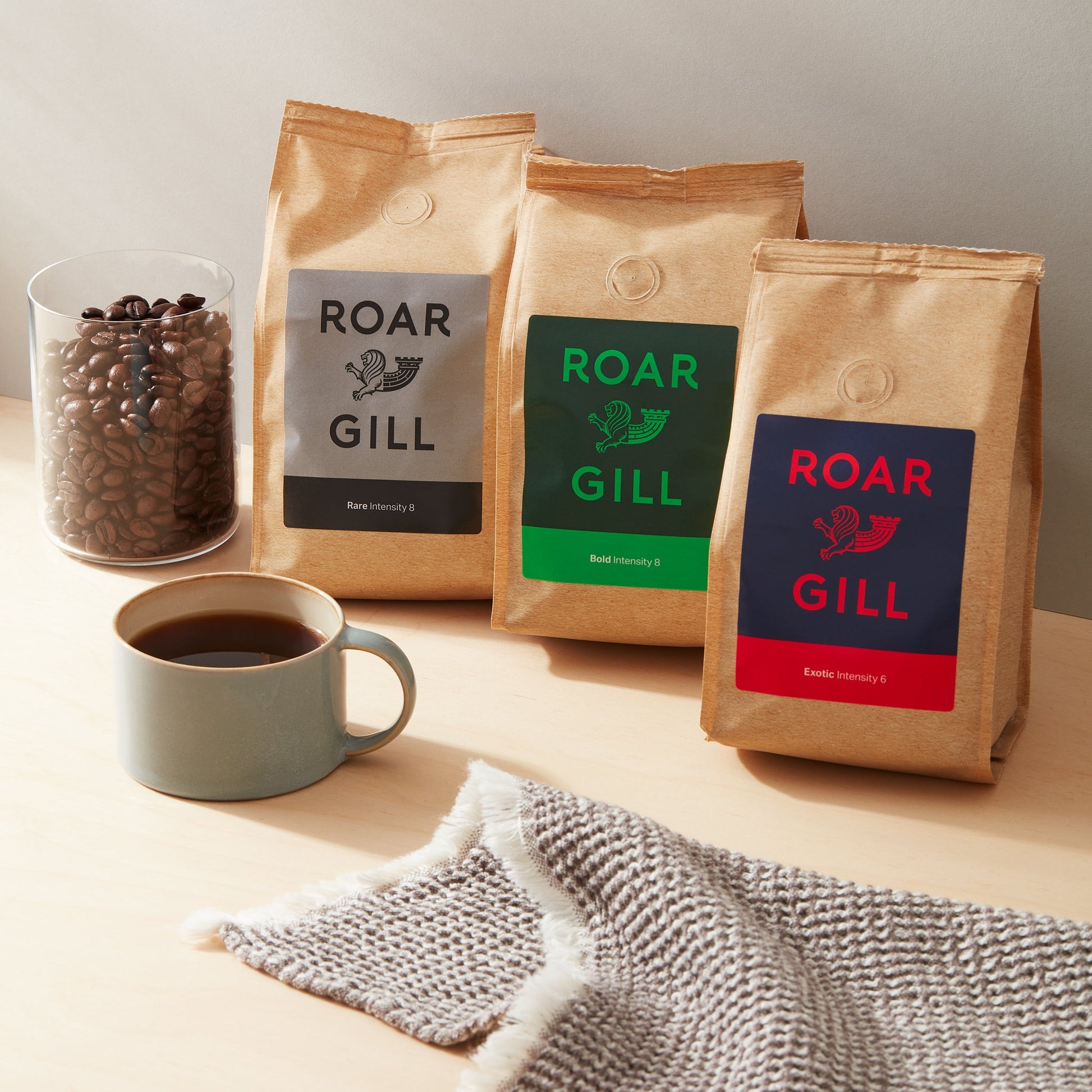 Roar Gill Coffee Whole Bean Variety Pack 750 grams. Three Varieties included.