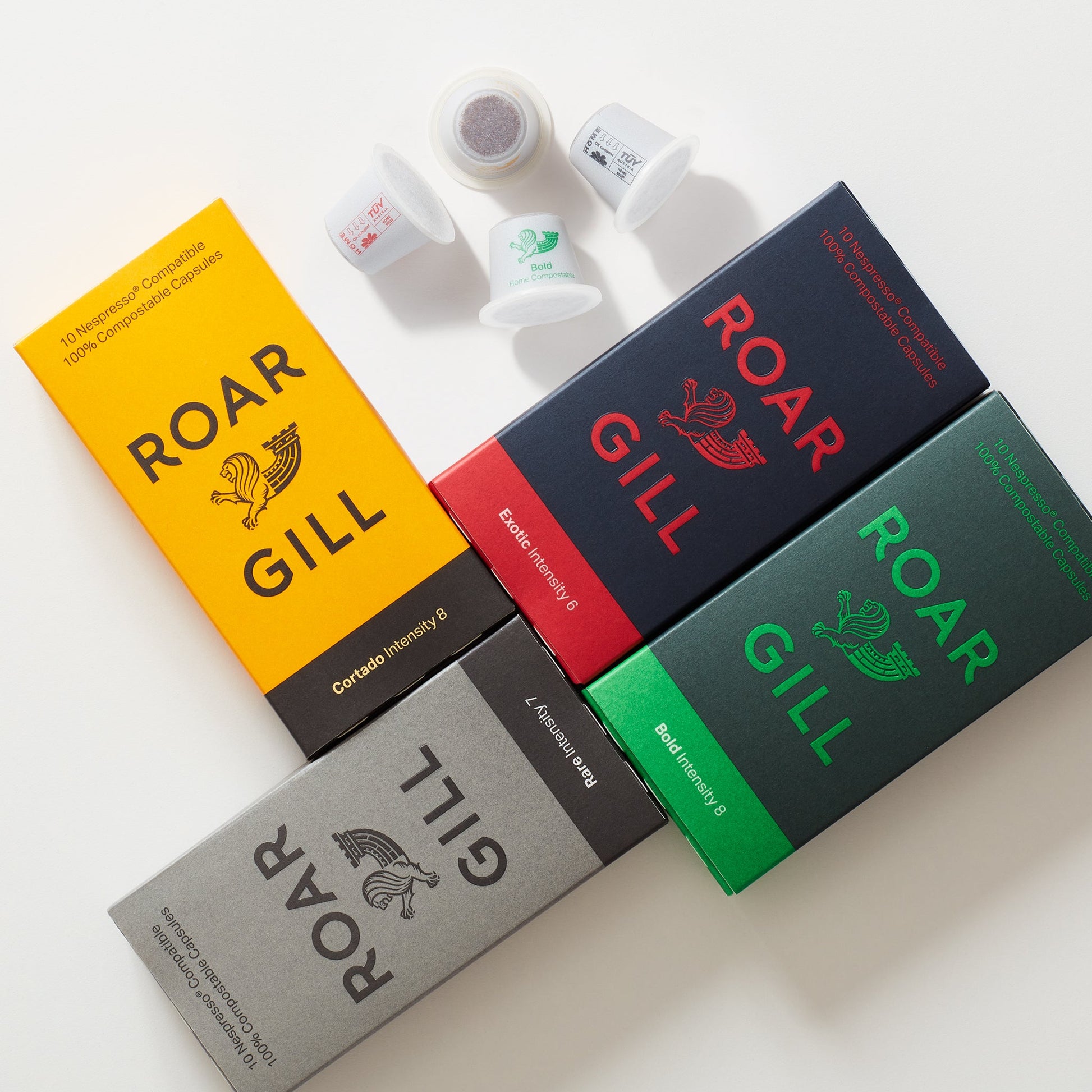 Roar Gill 40 Pod Variety Pack. Includes Bold, Exotic, Rare & Cortado in 4 separate boxes.